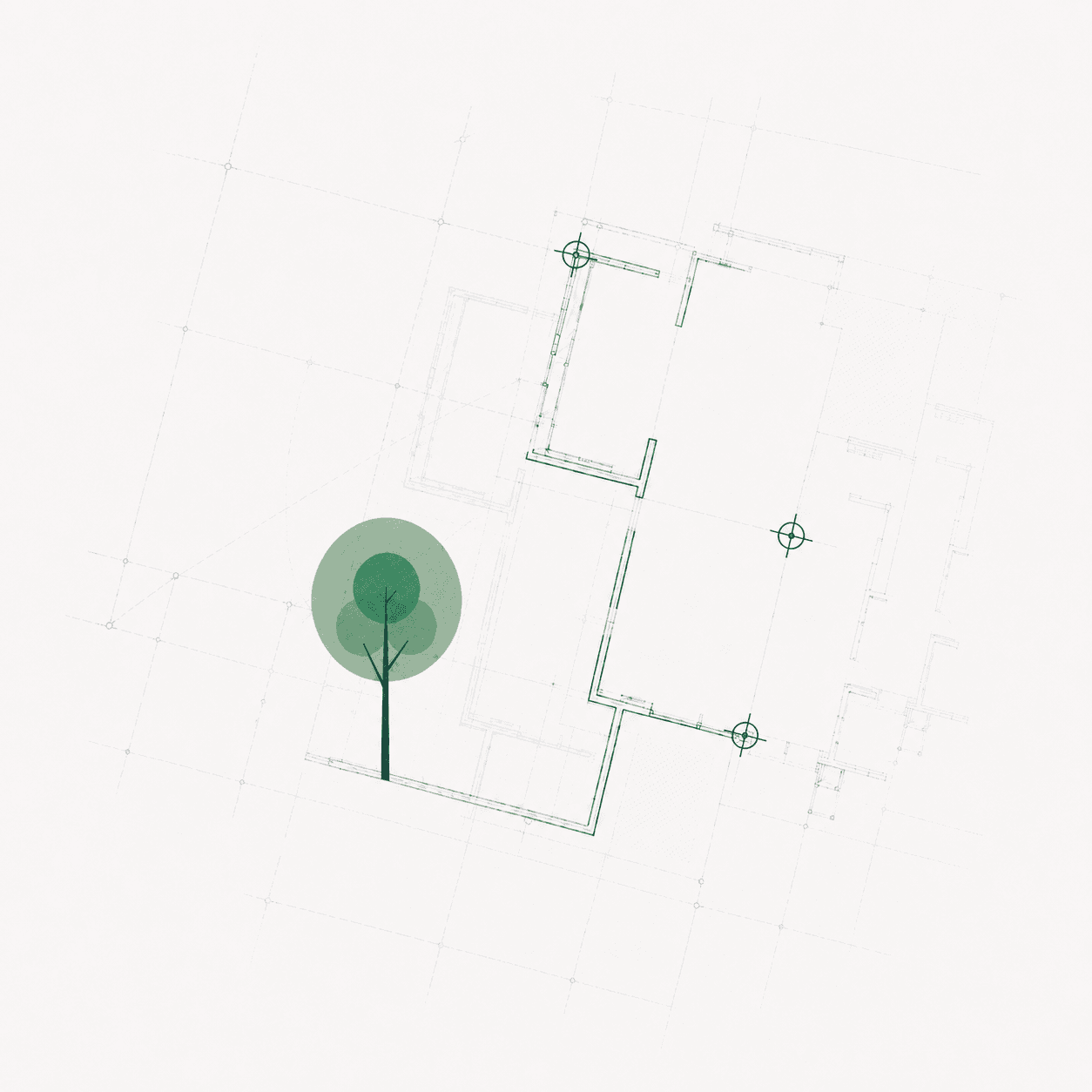 Two plan layers settling into alignment on drafting paper, with a faint offset ghost and circled control points at matching intersections.