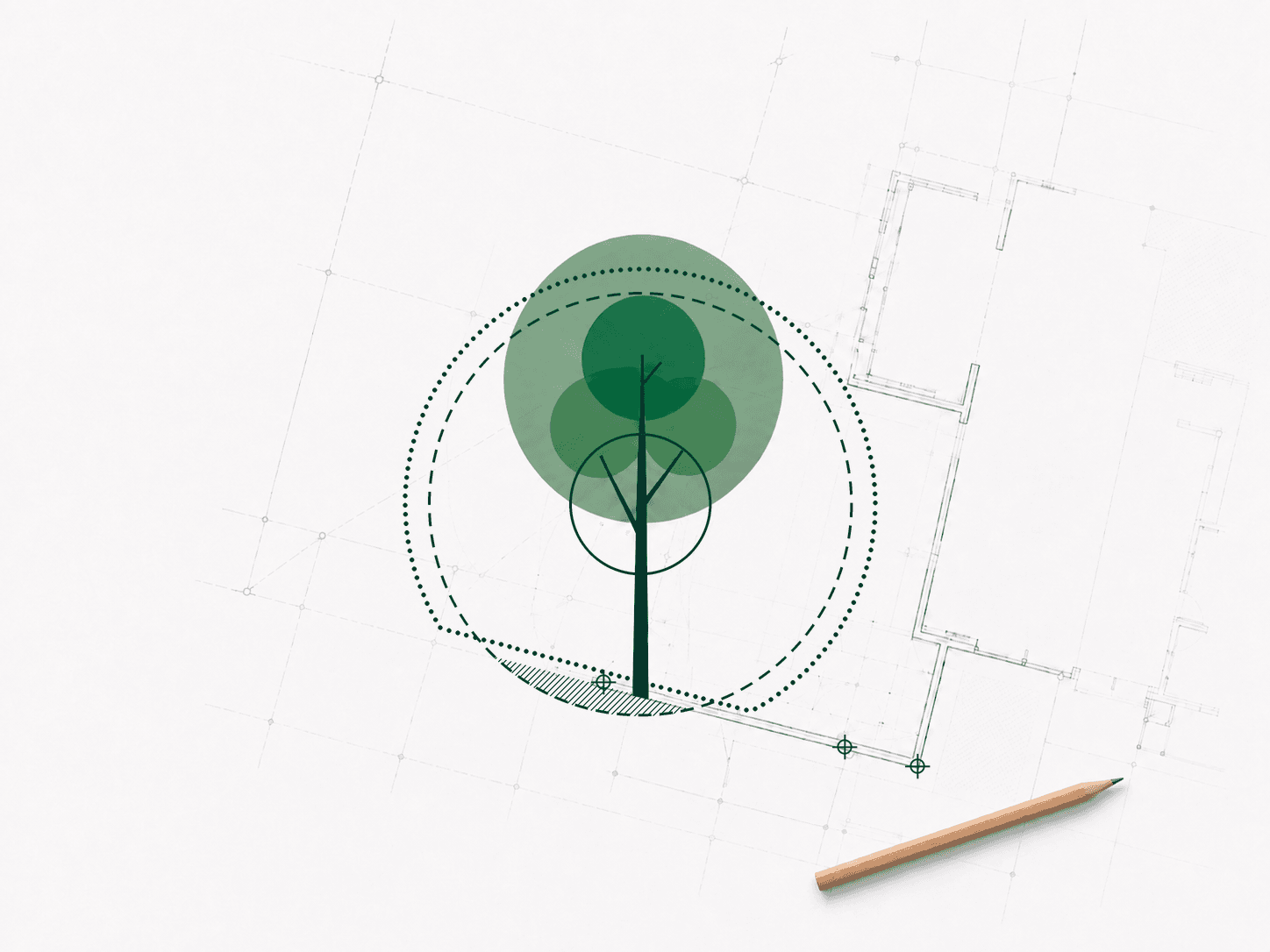 Hand-drafted tree protection plan: a tree with a solid SRZ ring, a dashed NRZ ring and a dotted TPZ set-out adjusted along a building line, with control points, a hatched encroachment area and a pencil resting on the sheet.